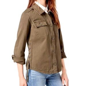 Levi’s green khaki utility jacket 100% cotton side lace up zipper button sz M
